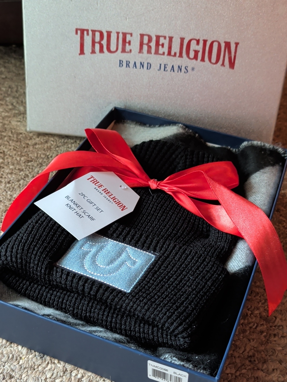 True Religion 2pc Gift Blanket Scarf &Knit Beanie with Light Blue Patch